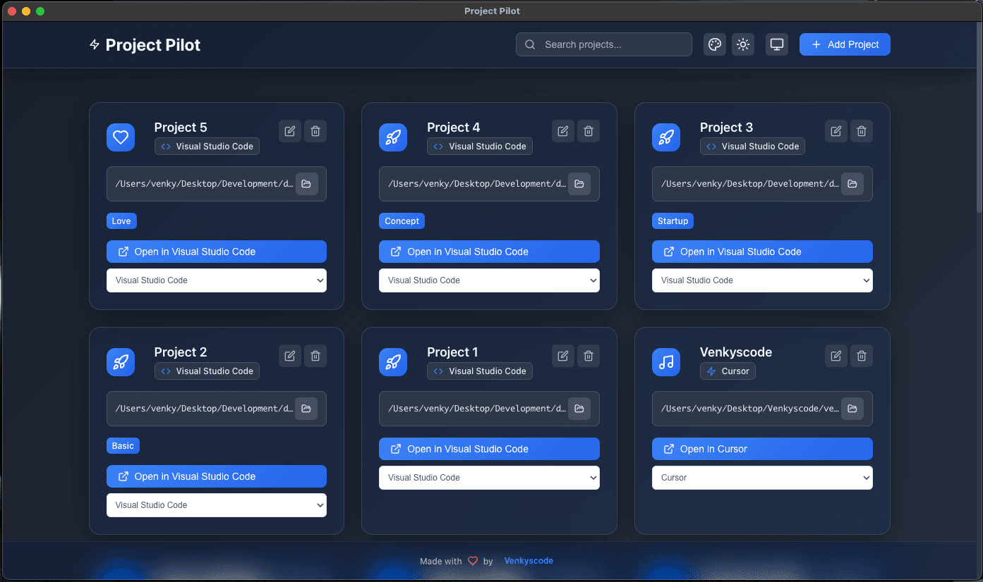 Project Pilot dashboard showing a visual library of development projects