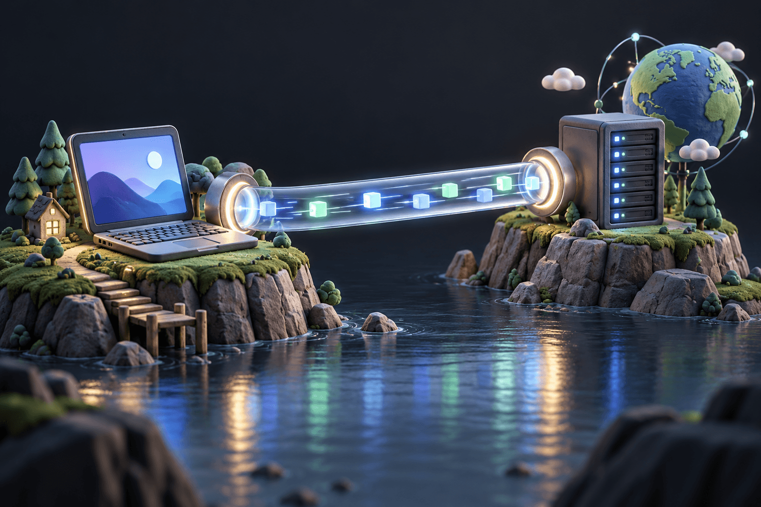 A glowing tunnel connects a laptop island to a server island