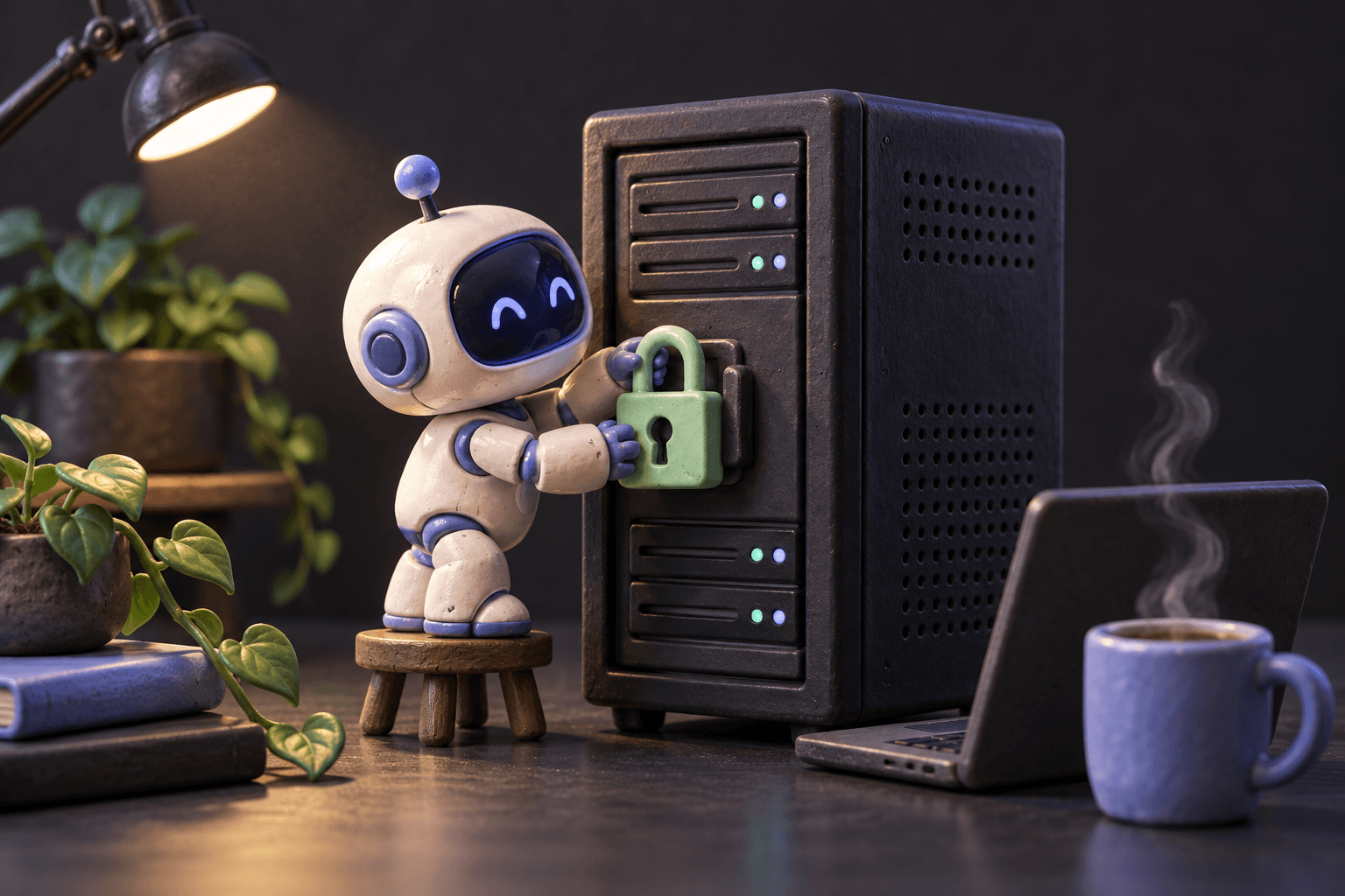 A miniature robot attaches a green padlock to a server, with a laptop and coffee nearby